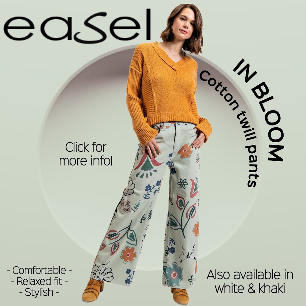 EASEL "IN BLOOM" Printed Denim Pants Flared Leg Relaxed Fit Stretchy Comfortable